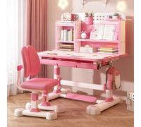 Tifemap 2Pcs / Set Ensemble de Bureau Enfant, Table Enfant avec Chaise, Bureau Enfants Fille avec Panneau Arrière de Château, Bureaus Élargi, Étagère et Tiroir de Rangement (Rose-D)