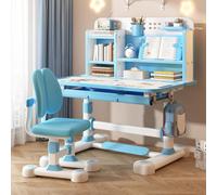 Tifemap 2Pcs / Set Ensemble de Bureau Enfant, Table Enfant avec Chaise, Bureau Enfants Fille avec Panneau Arrière de Château, Bureaus Élargi, Étagère et Tiroir de Rangement (Bleu-C)