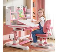 Tifemap Ensemble de Bureau Enfant, Table Enfant avec Chaise, Bureau Enfants Fille avec Panneau Arrière de Château, Bureaus Élargi, Étagère et Tiroir de Rangement (Rose-E)