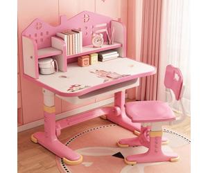 Tifemap Ensemble de Bureau Enfant, Table Enfant avec Chaise, Bureau Enfants Fille avec Panneau Arrière de Château, Bureaus Élargi, Étagère et Tiroir de Rangement (Rose)