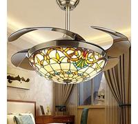Tiffany Ceiling Fan With Light, Metal Ceiling Chandelier 42in LED Remote Control Ceiling Light With Retractable Blade Dimmable Lighting Fan,Opaque Blades,Enchanting12