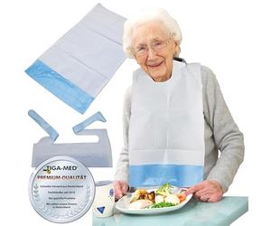 Tiga-Med Lot de 100 bavoirs jetables pour adultes - 66 x 37 cm - Avec poche de récupération - Cellulose renforcée avec film PE imperméable - Protection contre les taches et l'humidité lors des soins