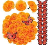 Tigeen Lot de 312 décorations du jour des morts - Têtes de fleurs de souci artificielles en vrac avec tiges, monarque - Décorations pour bricolage - Bannières mexicaines Dia De Los Muertos -