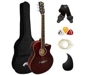 TIGER ACG4-RD Guitare électro-acoustique 4/4 pour débutants avec accordeur 3 bandes et égaliseur intégrés - Sac de transport, sangle, cordes de rechange - Rouge