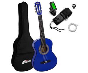 Tiger Classical Guitar pour les Enfants, Pack Guitare Espagnole Bleue 3/4 avec Accordeur, Sac de Transport, Médiators et Cordes de Rechange, 36" Pack Guitare Scolaire pour Débutants