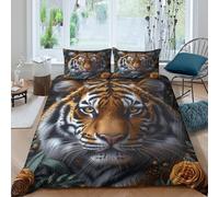 Tiger Face Art Housse de Couette 3D Effet Microfibre 3 Pièces Hypoallergique Wild Animal Portrait Parure de Lit avec Taie d'oreiller Ultra Douce for Fille Single（135x200cm）