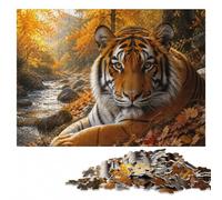Tiger Face in Autumn Leaves Puzzle en Bois 500 pièces, Activité Intérieure | Activité sans écran : activité autour de la table seul ou à plusieurs.