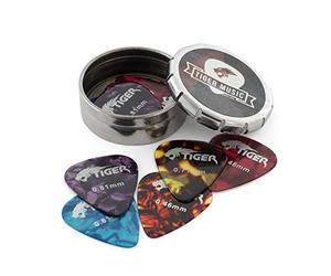 TIGER GAC14 12 médiators de guitare en celluloïd et boîte à piques - différents calibres