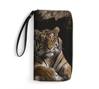 Tiger in Cave Portefeuille long en cuir avec fermeture éclair sur le pourtour pour homme et femme, porte-cartes de crédit avec cordon, essentiel pour les voyages, le bureau et le shopping