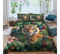 Tiger in Jungle Linge de Lit Microfibre résistante 3 Pièces 3D Effet Douce Wild Animal Art Style Housse de Couette avec Fermeture Éclair Confortable for Chambre Adulte Single（140x200cm）