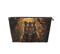 Tiger in the Fallen Leaf Forest Trousse de maquillage pour femme, trousse de maquillage en cuir, jolie trousse de maquillage, Argenté, One Size