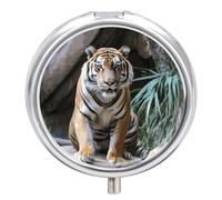Tiger in The Zoo Pilulier portable avec 3 compartiments et petit miroir de voyage pour poche ou sac à main, organiseur de médicaments rond décoratif pour vitamines