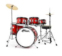 Tiger JDS14-RD Kit de Batterie Junior 5 Pièces pour Enfants - Rouge | Comprend Caisse Claire, Toms, Grosse Caisse, Pédale de Grosse Caisse, Charleston, Cymbales Crash, Siège et Baguettes