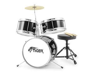 TIGER JDS7-BK Junior Kit de batterie pour enfants - Ensemble de batterie 3 pièces pour débutants avec tabouret - Noir