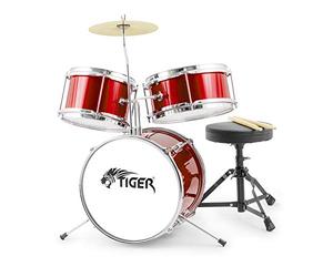 TIGER JDS7-RD Junior Kit de batterie pour enfants - Ensemble de batterie 3 pièces pour débutants avec tabouret - Rouge