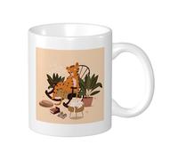 Tiger Lot de 1 mug imprimé animaux mignons feuilles chat en pot livre abstrait drôle beige orange vert céramique poids léger collection chambre extérieur bureau fond plat avec poignées 325 ml