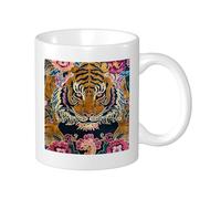Tiger Lot de 1 mug imprimé animaux rustiques fleurs maison de campagne feuilles plante vintage orange rose céramique réutilisable décoratif bureau appartement salon boissons chaudes à fond plat 325 ml