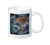 Tiger Lot de 1 mug imprimé vagues japonaises animaux artistiques jolies esthétiques bleu orange céramique poids léger collection salon laboratoire extérieur bureau fond plat avec poignées 325 ml