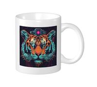 Tiger Lot de 1 tasse d'impression Science et technologie Esthétique Animaux Lignes artistiques Cool Bleu Noir Céramique Poids Léger Collection Salon Extérieur Bureau Fond Plat avec Poignées 325 ml