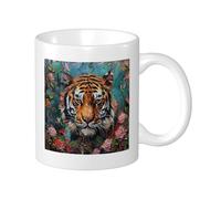 Tiger Lot de 1 tasse imprimée artistique peinture à l'huile animaux fleurs botaniques feuilles bleu orange rose céramique non renversable cuisine école bureau garde-manger avec poignées 325 ml