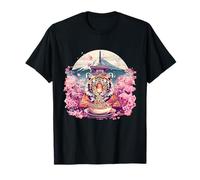 Tiger Mangeant Ramen Mont Fuji Pagode Tour Sakura Fleurs T-Shirt