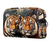 Tiger on Forest Trousse de maquillage pour femme avec fermeture éclair, multicolore, 18.5x7.5x13cm/7.3x3x5.1in, Trousse de toilette
