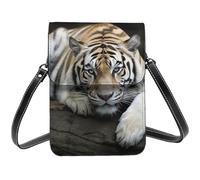Tiger - Petit sac à bandoulière allongé sur le rocher pour femme, sac à main pour téléphone portable, sac portefeuille en cuir PU avec bandoulière