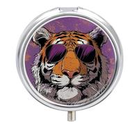 Tiger Pilulier de voyage à 3 compartiments avec lunettes de soleil - 3 fois par jour - Joli mini pilulier pour sac à main et poche - Boîte à médicaments portable en métal avec miroir rond - Contient