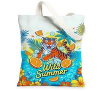 Tiger Sac fourre-tout en toile pour femme, orange tropical, glace, bleu d'été, lavable et réutilisable, idéal pour la famille, les amis, les collègues, la lecture, les amateurs, 33 x 38 cm