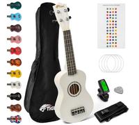 TIGER soprano kit - Les débutants Packs (Blanc) | Avec Accordeur, Sangle, Housse, Médiator Feutre, Autocollants Notes et Cordes Rechange - Convient aux Débutants et Enfants