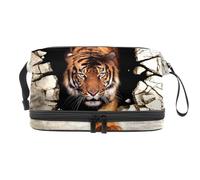 Tiger Walk from Destroyed Wall Trousse à maquillage double couche pour femmes et filles Trousse de toilette de voyage Trousse de maquillage pratique avec compartiment à brosse, multicolore, 27x15x14