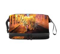Tiger Walking in Night Street Trousse à maquillage double couche pour femmes et filles, trousse de toilette de voyage, trousse de maquillage pratique avec compartiment à pinceaux, multicolore,
