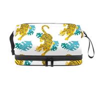 Tigers in The Tropical Leaves Trousse à cosmétiques double couche pour femmes et filles, trousse de toilette de voyage, trousse de maquillage pratique avec compartiment à brosse, multicolore, 27x15x14