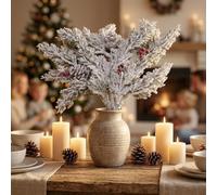Tiges de pin artificielles 35 cm avec cônes finition floquée (Style-3) | Aspect neige réaliste, 35 cm de long, comprend des pommes de pin, décoration d'intérieur festive