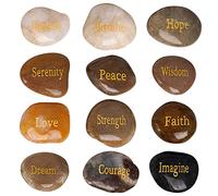 tiggell Lot de 12 pierres inspirantes naturelles gravées - 12 mots différents - Amulettes d'encouragement - Cadeau pour la prière, les amis et la famille - Décoration d'intérieur religieuse