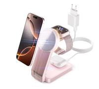 TIGRATIGRO Chargeur sans Fil 3 en 1 magnétique,15W Mag-Safe Station de Charge Compatible iPhone 16 Pro Max Plus 15 14 13 12 AirPods 4 3 2 Pro iWatch - Adaptateur 20W Inclus (Rose)