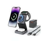 TIGRATIGRO Chargeur sans Fil Magnétique 3 en 1 Pliable 15W Rapide avec Éclairage LED Réglable 2 Niveaux - Compatible Mag-Safe iPhone 16/15/14, Apple Watch, AirPods-Adaptateur USB-C 20W Inclus-Noir