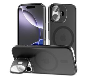 tigratigro Coque avec béquille, Compatible avec iPhone 16, Protection Appareil Photo H9 Verre trempé, Coque arrière givrée translucide, Anti-Empreintes digitales, Sensation de Velours (Graphite Noir)