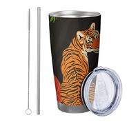 Tigre avec couvercle et paille - Motif animaux mignons - Motif abstrait - Botanique - Fleurs - Feuilles orange rouge vert - En métal - Sans pied - Sans pied - Double paroi - 590 ml