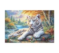 Tigre Blanc couché dans l'herbe 1000 Pièces Puzzle Adolescent en Carton Rigide Accompagnement d'animal de Compagnie Difficulté Moyenne Activité Éducative Voyage Déplacement Cadeau Anniversaire Petit