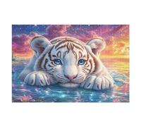Tigre Blanc couché dans Un Champ de Fleurs 1000 Pièces Puzzle pour Ado en Carton Épais Haute Densité Facile Débutant Jeu De Société Idée Cadeau Anniversaire Petit Prix Premium 1000 PCS