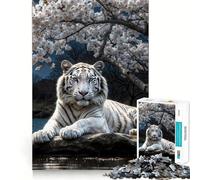 Tigre Blanc sous Les cerisiers en Fleurs Puzzle de 1000 pièces pour Adolescents Jeu Stimulant Le Cerveau Emboîtement précis sans espaces Activité relaxante en Groupe à l'intérieur (50x75cm)