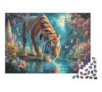Tigre Boire de l'eau dans Le Jardin de Fleurs Puzzles 1000pcs Picture Puzzle Faune Sauvage for Teenagers Activité De Détente Jeu Éducatif 52x38cm/1000pcs