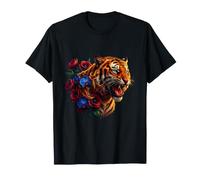 Tigre Rugissant avec Roses Rouges et orchidées Bleues T-Shirt