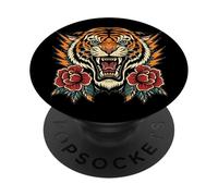 Tigre Rugissant avec Roses Style Tatouage Traditionnel PopSockets PopGrip Adhésif