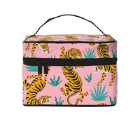 Tigres Dansant sur Rose Tigre Asiatique Or Orange et Noir imprimé Animal, Trousse de Maquillage Trousse à cosmétiques Trousse de Toilette de Voyage Portable Trousse à Crayons