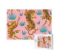 Tigres Dansant sur Un imprimé Animalier Rose, Tigre Asiatique doré, Orange et Noir,Puzzle Familial en Bois de 300 pièces pour Adultes et Adolescents, décoration d'intérieur