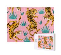Tigres Dansant sur Un imprimé Animalier Rose, Tigre Asiatique doré, Orange et Noir,Puzzle Familial en Bois de 500 pièces pour Adultes et Adolescents, décoration d'intérieur