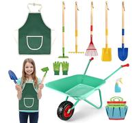 Tigvio 10 Jardin pour Enfants avec Brouette Grand, Set de Jardinage pour Enfants,5 Pcs Kit de Pelle, Gants, Tablier, Vaporisateurs, Sac de Rangement, Cadeau pour Jardiniers