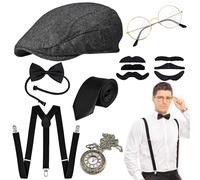 Tigvio 12 PCS Costume des Années 20 pour Homme, Deguisement Homme, Gatsby Gangster Costume des Années 1920, Costume de Mafia pour Homme avec Divers Accessoires pour Halloween, Carnaval, Fêtes Thème